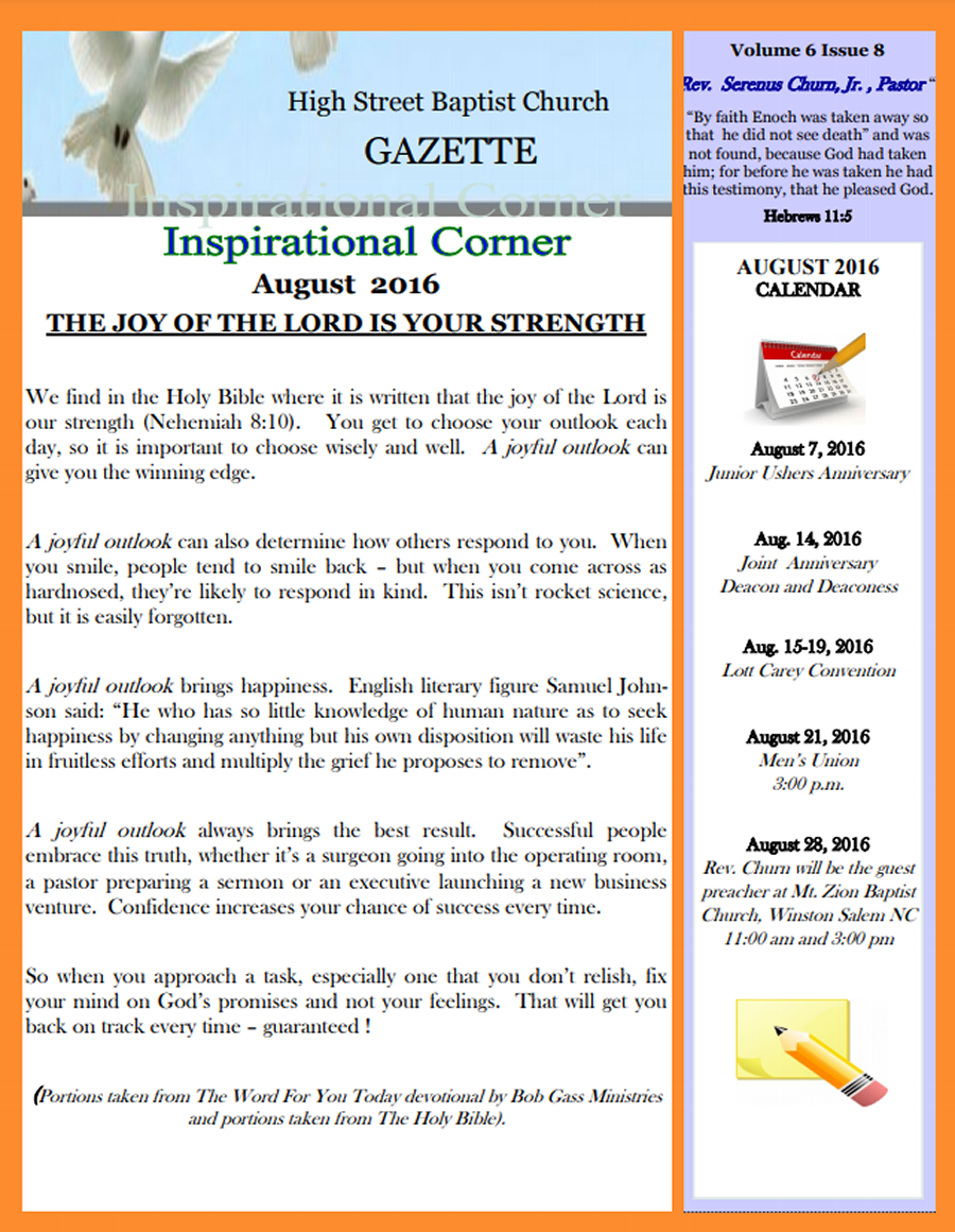 August 2016 - The Joy of the Lord is your Strength